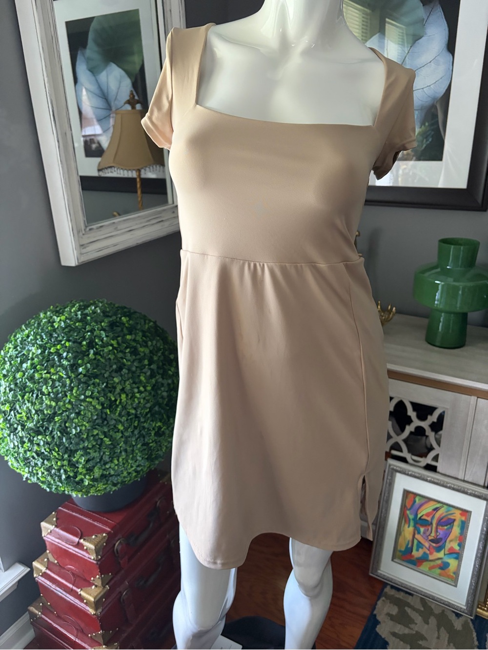 Square Neck Short Sleeve Mini Dress in Beige